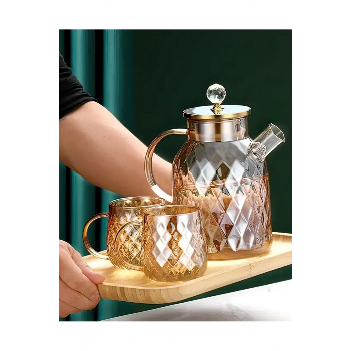 Kabartmalı Bambu Kapaklı Borosilikat Cam Demlik 1500ml -CM-2005