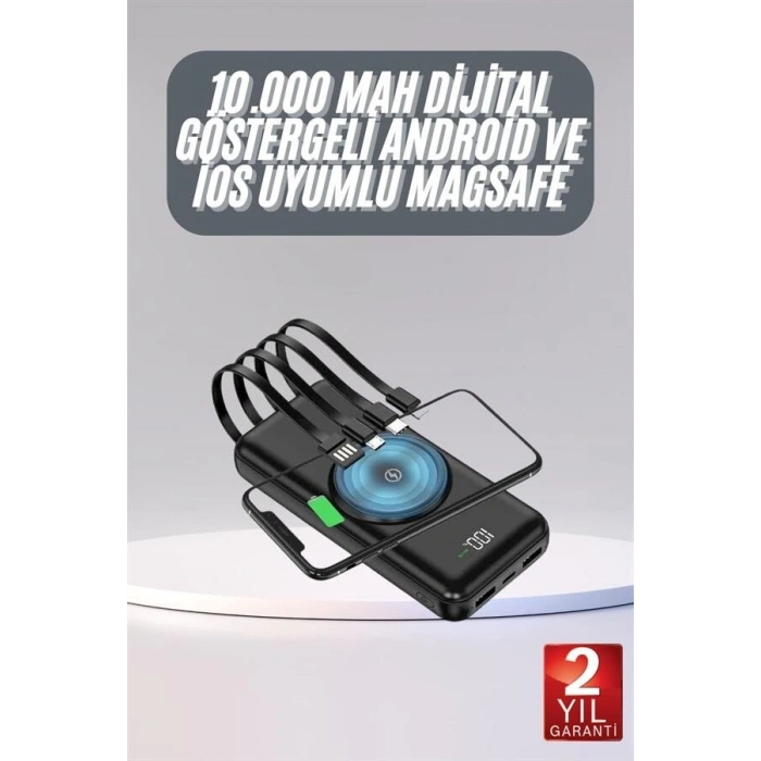 Kablosuz Çoklu Şarj Girişli 10.000 Mah Kablolu Powerbank Taşınabilir