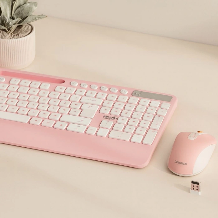 Kablosuz Klavye Mouse Seti - Telefon & Tablet Standlı (Beyaz/Pembe)