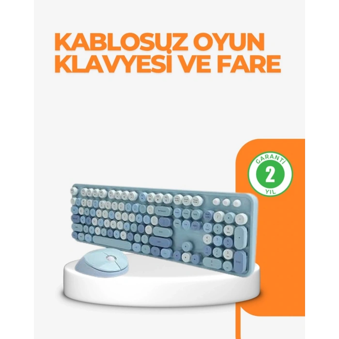 Kablosuz Retro Klavye Ve Mouse Seti – 104 Tuşlu Sevimli Tasarım