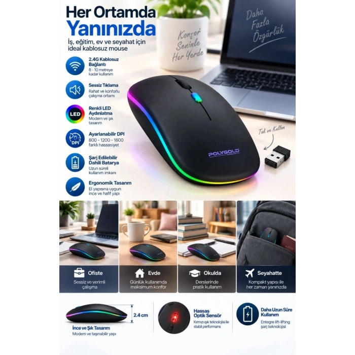 Kablosuz Şarjlı Sessiz Tıklamalı Ergonomik Mouse