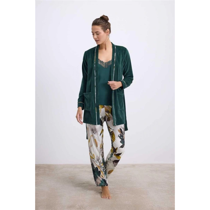 Kadife Sabahlık, Dantelli Atlet Ve Desenli Pantolon Pijama Takımı