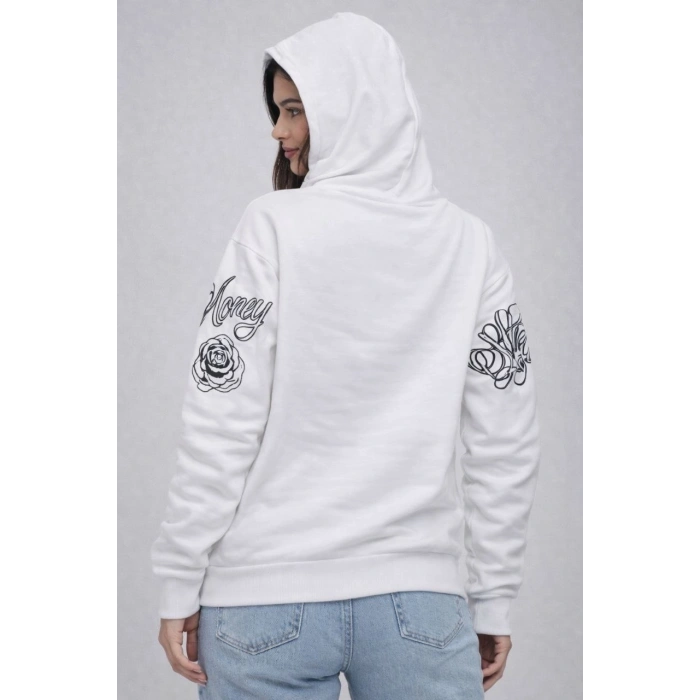 Kadın 3 İplik Pamuklu Kapüşonlu Baskılı SweatShirt hoodie - Beyaz