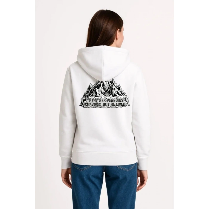 Kadın 3 İplik Pamuklu Kapüşonlu Hoodie Sweatshirt Nihilist Penguen Baskılı - Beyaz