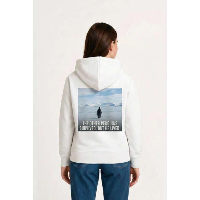 Kadın 3 İplik Pamuklu Kapüşonlu Hoodie Sweatshirt Survivor Penguen Baskılı - Beyaz