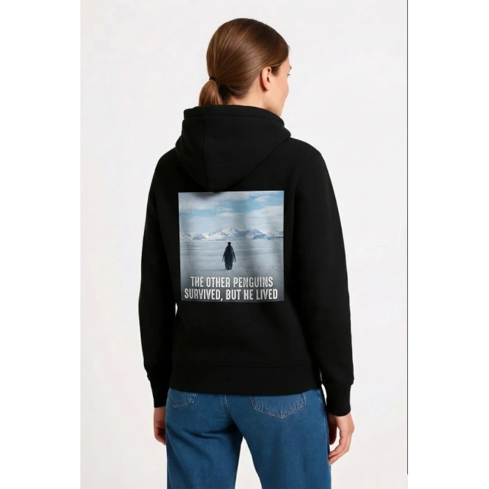 Kadın 3 İplik Pamuklu Kapüşonlu Hoodie Sweatshirt Survivor Penguen Baskılı - Siyah