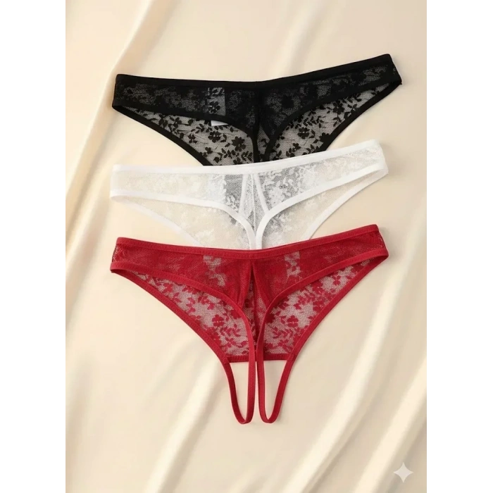Kadın 3lü Seksi Ağ Bölgesi Açık Dantelli Tanga Seti