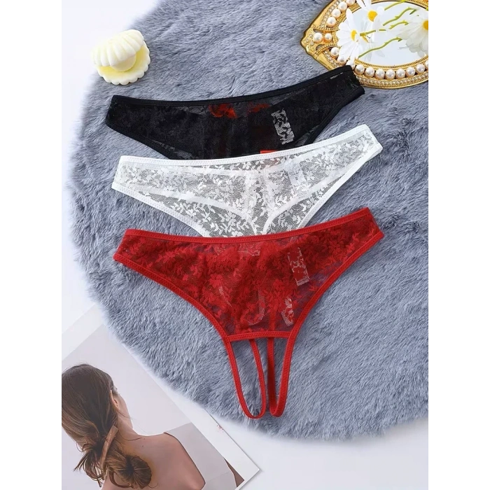 Kadın 3lü Seksi Ağ Bölgesi Açık Dantelli Tanga Seti