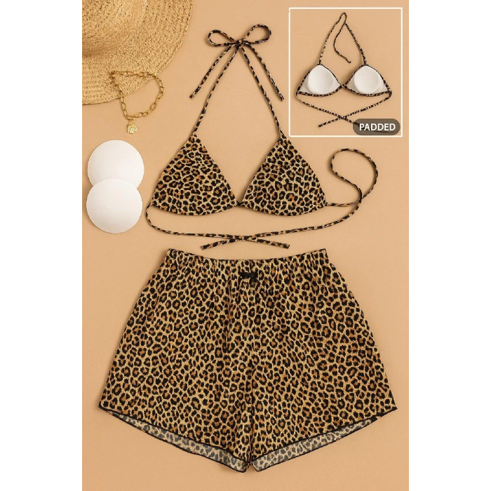 Kadın 3lü Set Leopar Desenli Şortlu Ve Yandan Bağlamalı Bikini Mayo Takımı