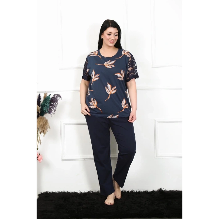 Kadın 5XL-6XL-7XL-8XL Büyük Beden Kısa Kol Pijama Takım Lacivert