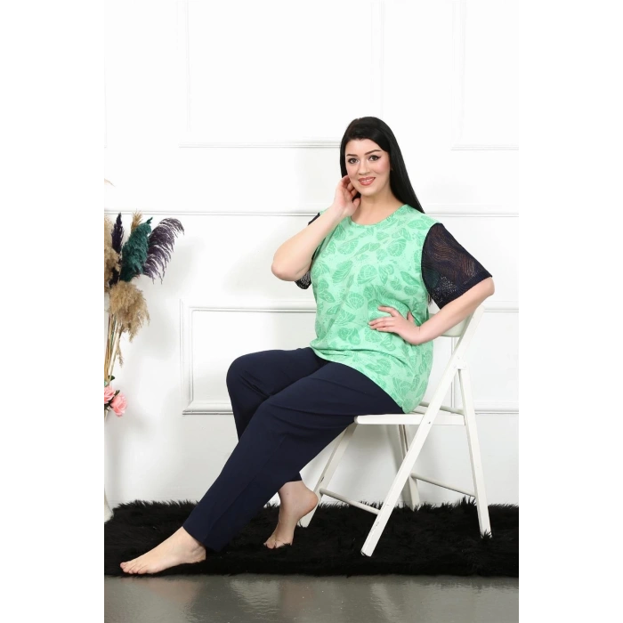 Kadın 5XL-6XL-7XL-8XL Büyük Beden Kısa Kol Pijama Takım Yeşil