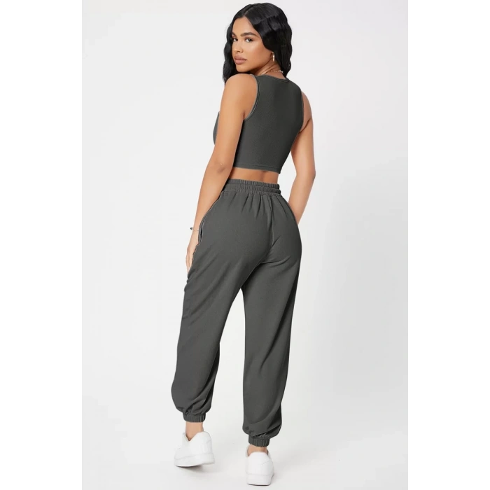 Kadın Antrasit Gri Kaşkorse Cepli Jogger Eşofman Altı Ve Crop Top Bluz