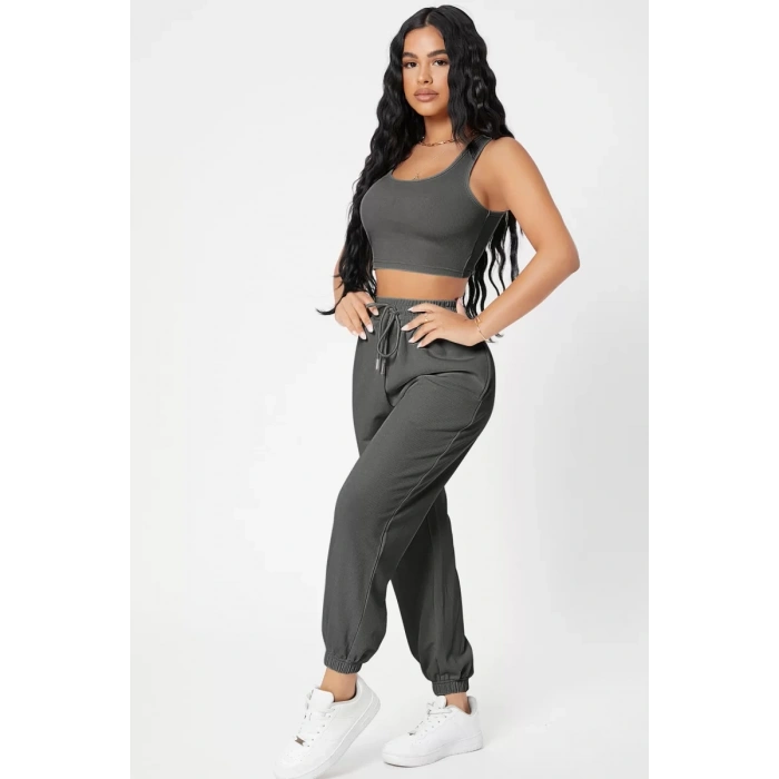 Kadın Antrasit Gri Kaşkorse Cepli Jogger Eşofman Altı Ve Crop Top Bluz