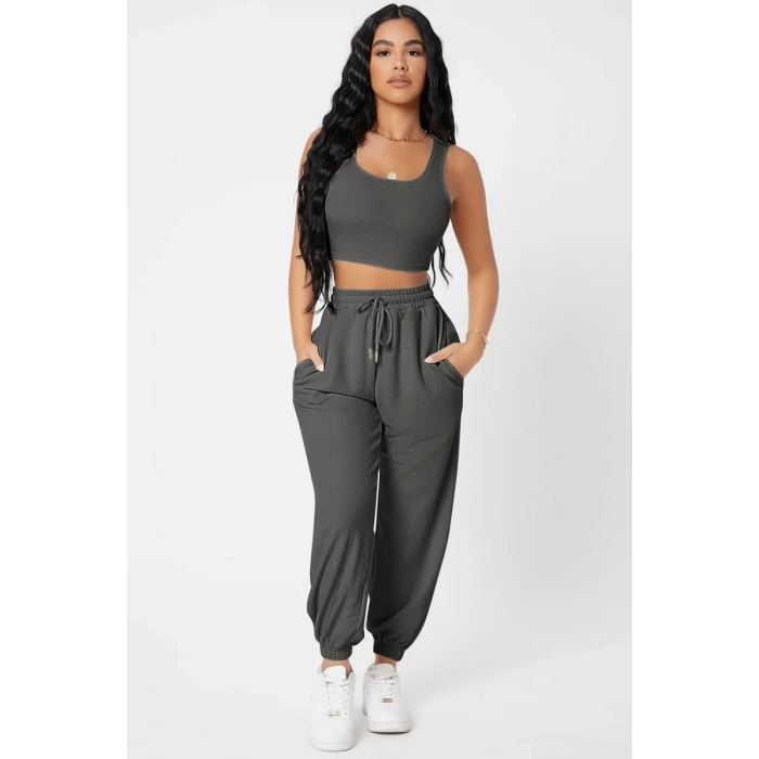 Kadın Antrasit Gri Kaşkorse Cepli Jogger Eşofman Altı Ve Crop Top Bluz