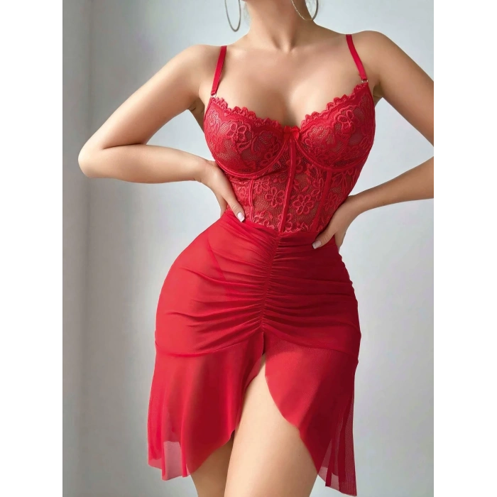 Kadın Ateş Kırmızısı Önden Yırtmaçlı Tül Fantezi Gecelik 2241