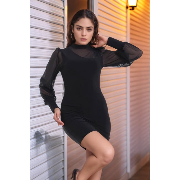 Kadın Balıkçı Yaka Transparan Detay Fırsat ürün Sandy Kumaş Mini Elbise