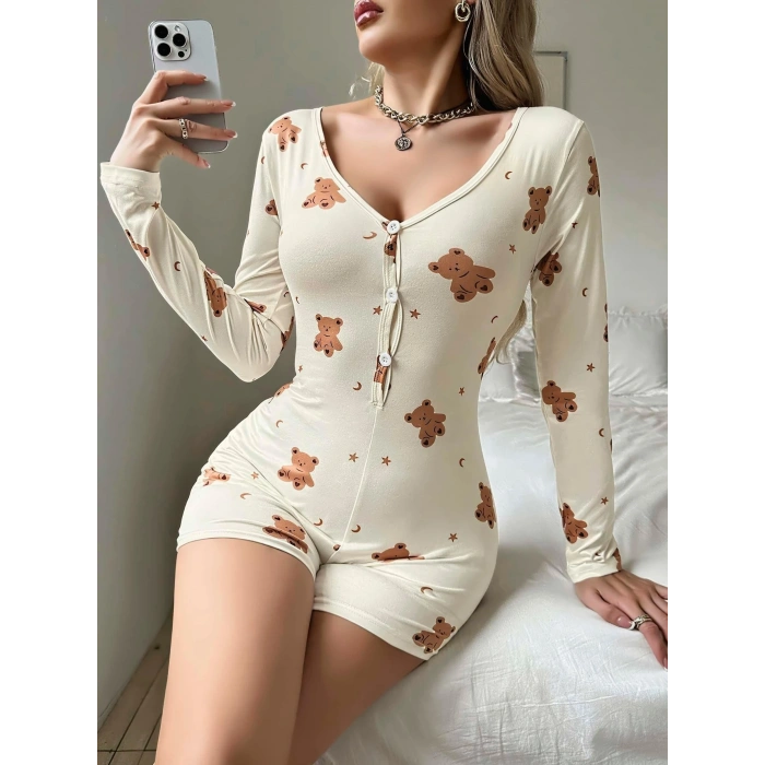 Kadın Bej Ayıcık Desenli Pijama Tulumu 5123