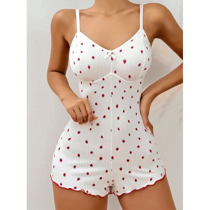 Kadın Beyaz Çilek Baskılı Pijama Tulumu 5127