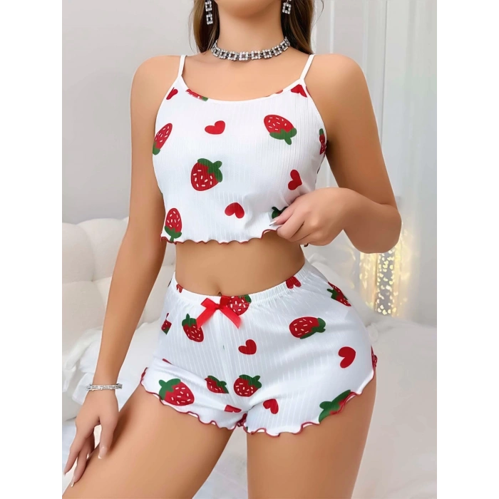 Kadın Beyaz Çilek desenli Şortlu Pijama Takımı 5053