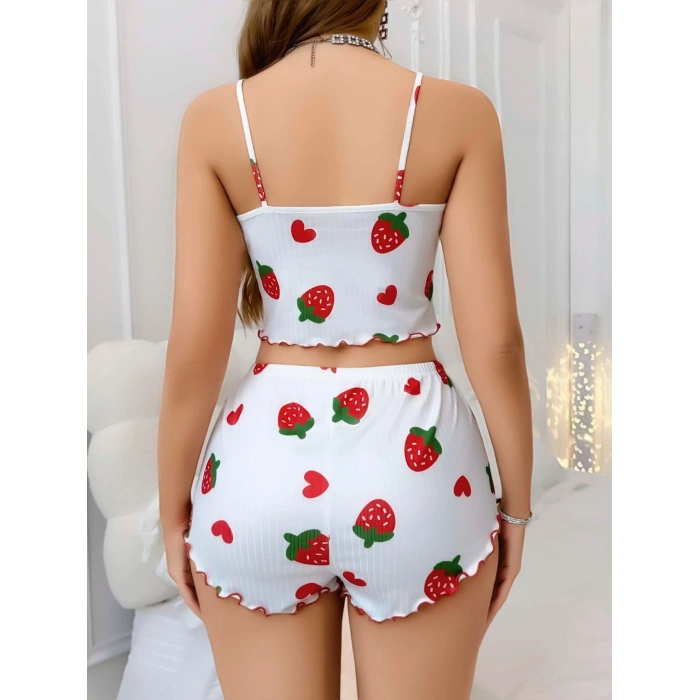 Kadın Beyaz Çilek Desenli Şortlu Pijama Takımı 5053
