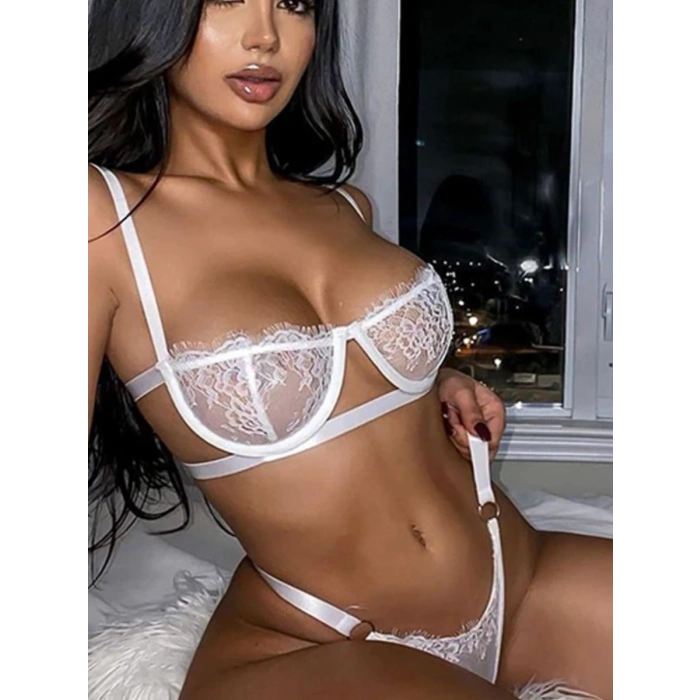 Kadın Beyaz Dantelli Balenli  Sütyen Külot Takım
