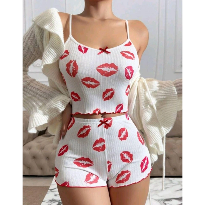 Kadın Beyaz Dudak Desenli Seksi Gecelik Takım 6642
