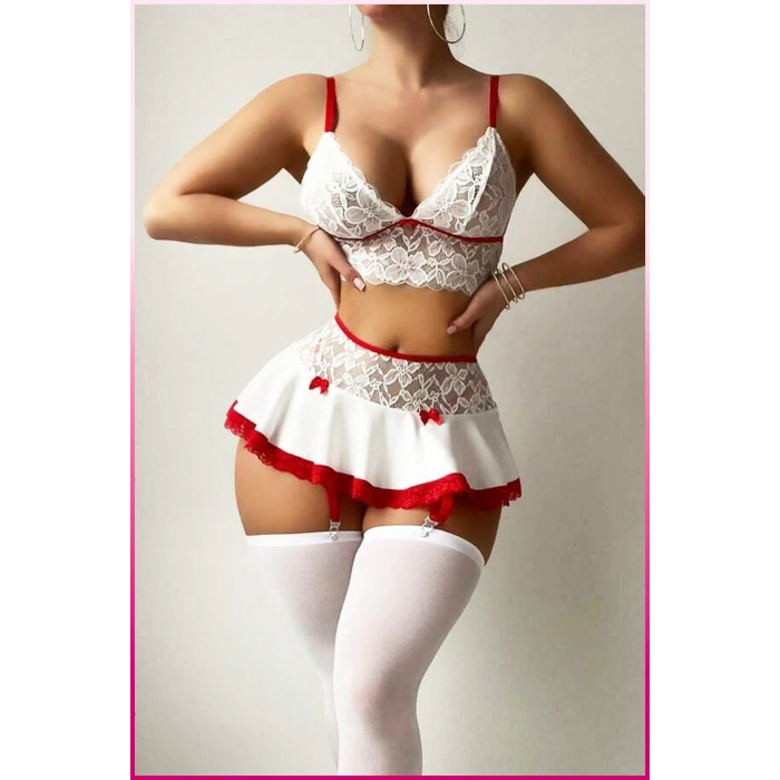 Kadın Beyaz Etekli, Dantel Büstiyer Hizmetçi Kostüm