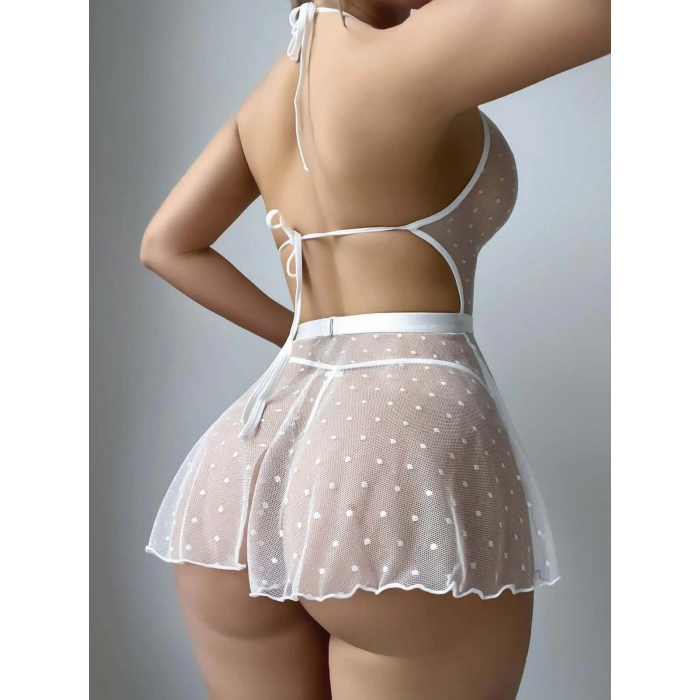 Kadın Beyaz  Fantazi Gecelik Tül Nokta Desenli 2207