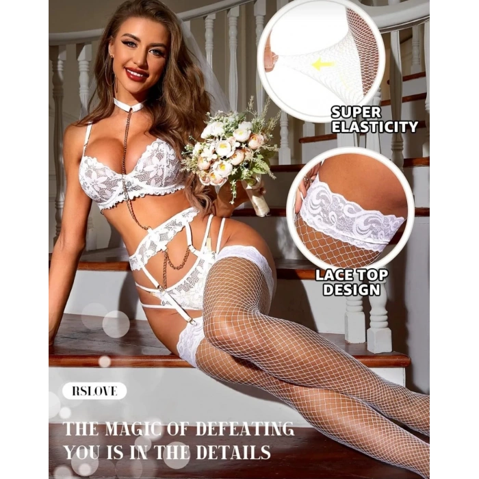 Kadın Beyaz File Silikonlu Jartiyer Çorabı