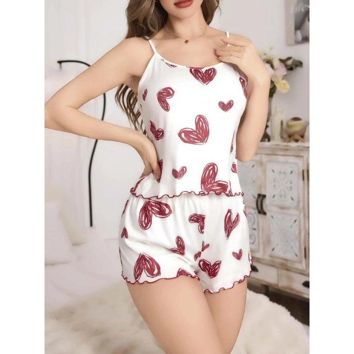 Kadın Beyaz Kalp Desenli Şortlu Gecelik Pijama Takımı 5052