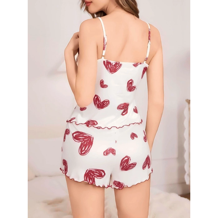 Kadın Beyaz Kalp Desenli Şortlu Gecelik Pijama Takımı 5052