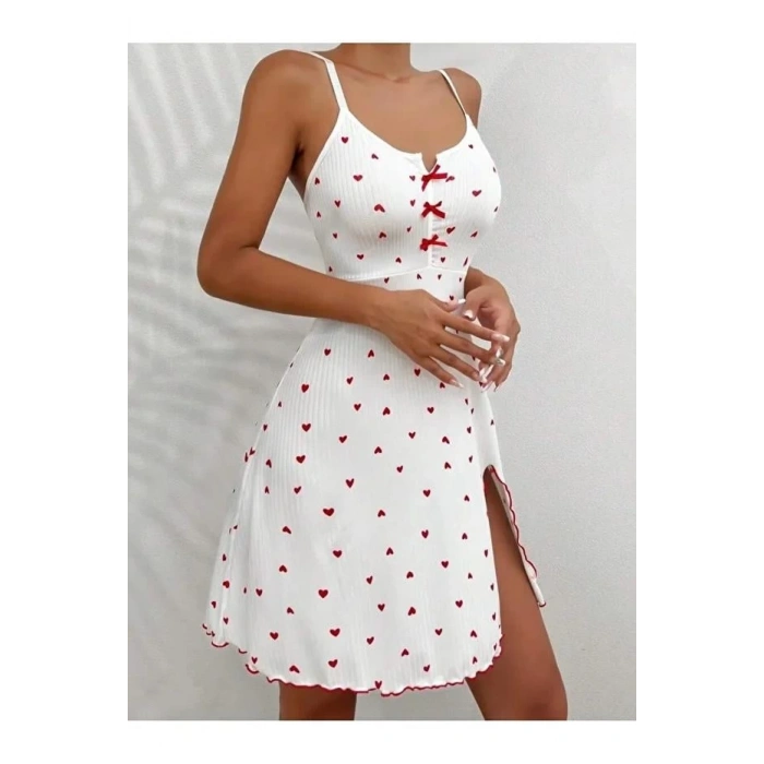 Kadın Beyaz Kırmızı Kalp Desenli Askılı  Elbise 5066