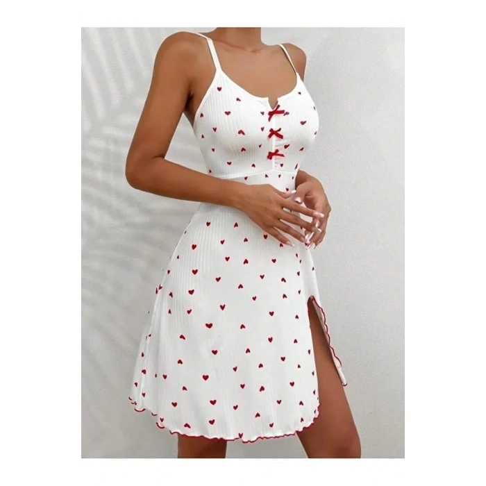 Kadın Beyaz Kırmızı Kalp Desenli Askılı  Elbise 5066