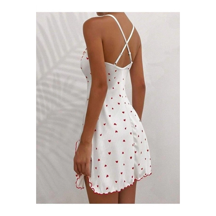 Kadın Beyaz Kırmızı Kalp Desenli Askılı  Elbise 5066