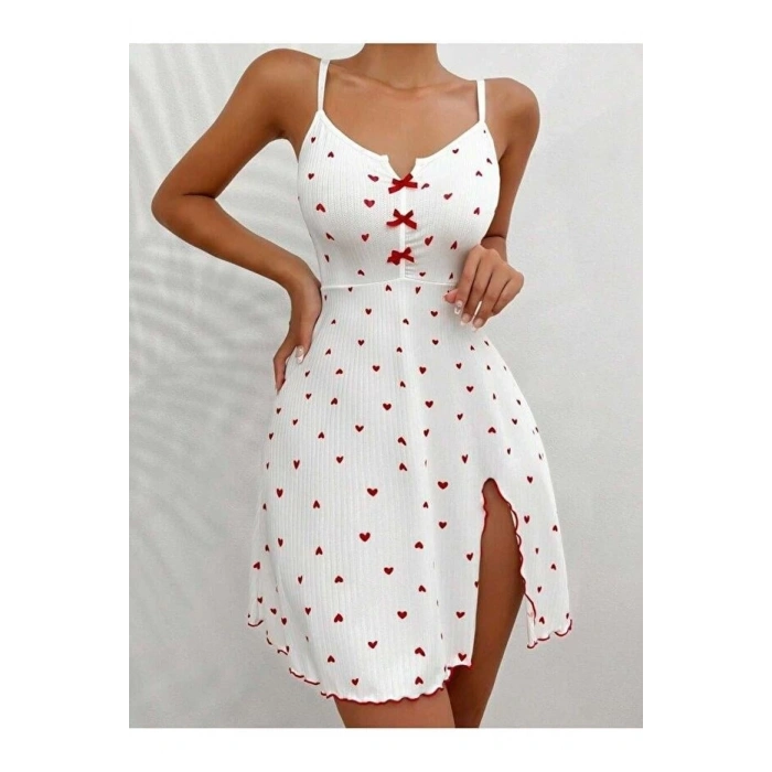 Kadın Beyaz Kırmızı Kalp Desenli Askılı  Elbise 5066