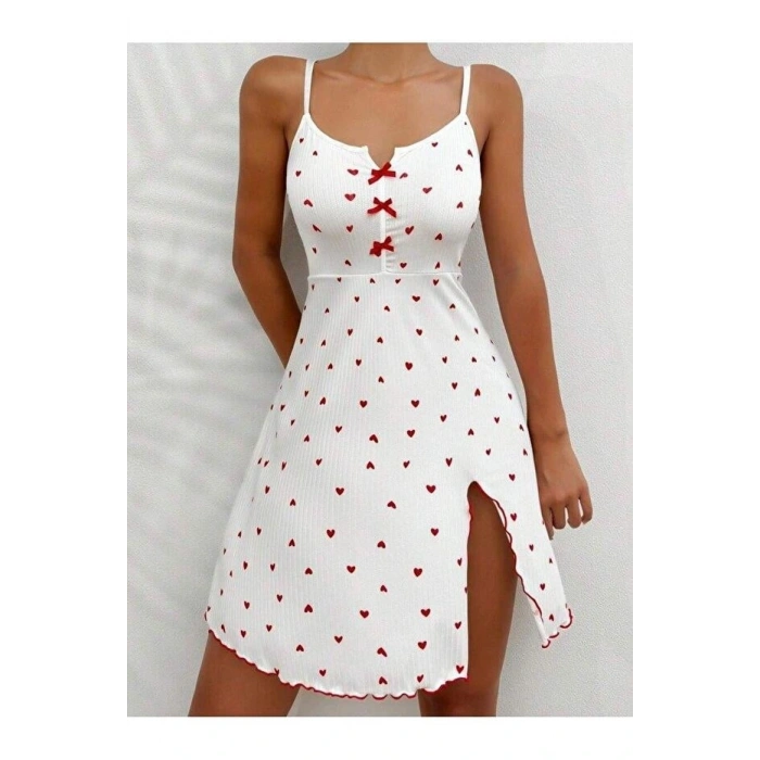 Kadın Beyaz Kırmızı Kalp Desenli Askılı  Elbise 5066