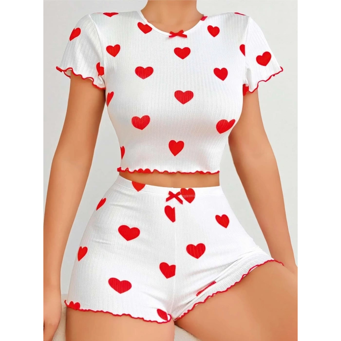 Kadın Beyaz kırmızı kalp Desenli şortlu Gecelik Takım 5023