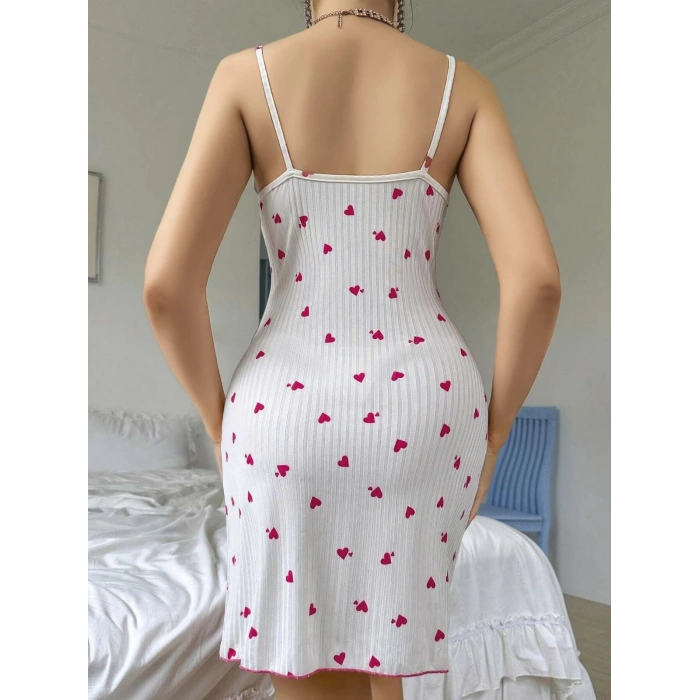 Kadın Beyaz Kırmızı Kalp Desenli Yandan Dantel Detaylı Askılı Elbise 5070
