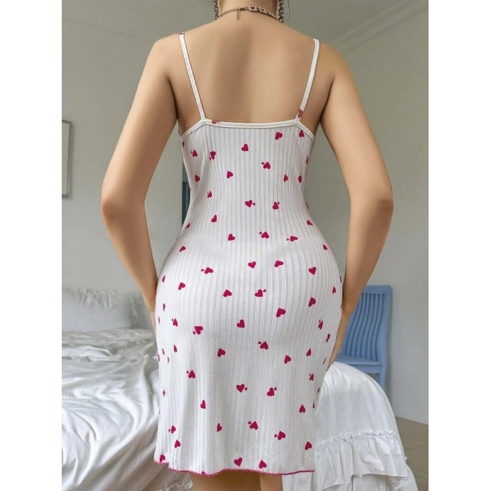 Kadın Beyaz Kırmızı Kalp Desenli Yandan Dantel Detaylı Askılı Elbise 5070