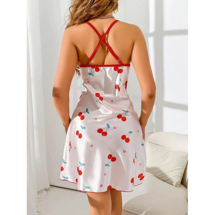 Kadın Beyaz Kırmızı kiraz Desenli saten Gecelik 2230