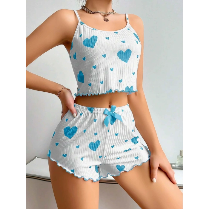 Kadın Beyaz Mavi Kalp Desenli Askılı Şortlu Pijama Takım 5043