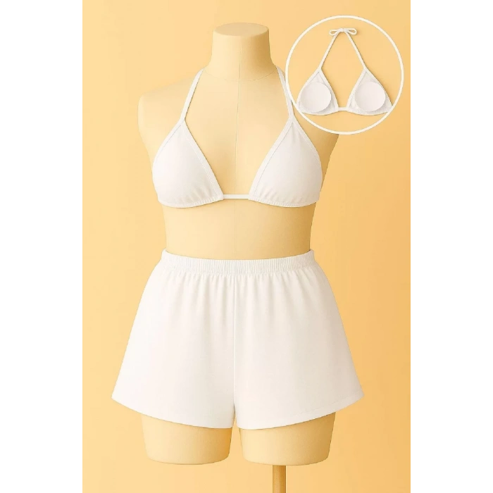 Kadın Beyaz Şortlu Belden Ve Boyundan Bağlamalı Bikini Takımı
