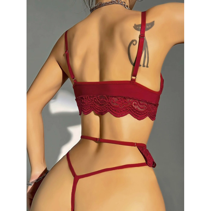 Kadın Bordo Dantel Detaylı Jartiyer Takım