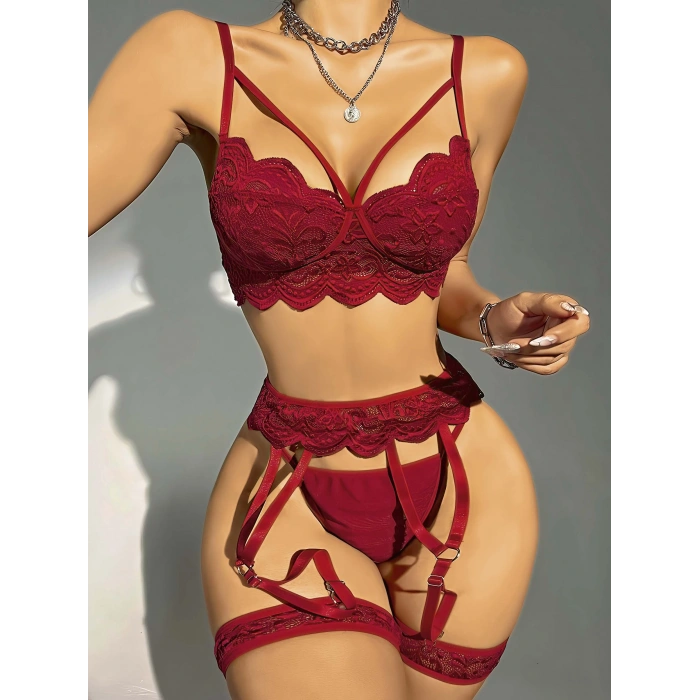 Kadın Bordo Dantel Detaylı Jartiyer Takım