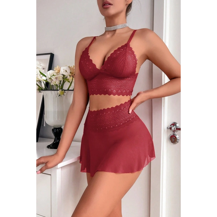 Kadın Bordo Dantel Ve Tül Detaylı Etekli Şık Gecelik Takımı