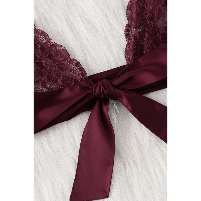 Kadın Bordo Dantelli & Kurdelalı Sütyen Külot Takımı