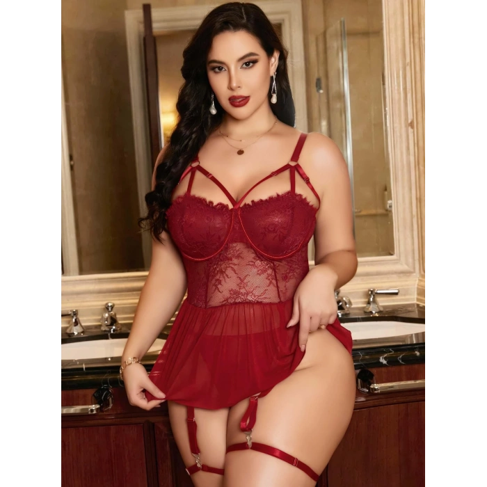 Kadın Bordo Dantelli Transparan Büyük Beden Fantezi Gecelik Takımı 8002