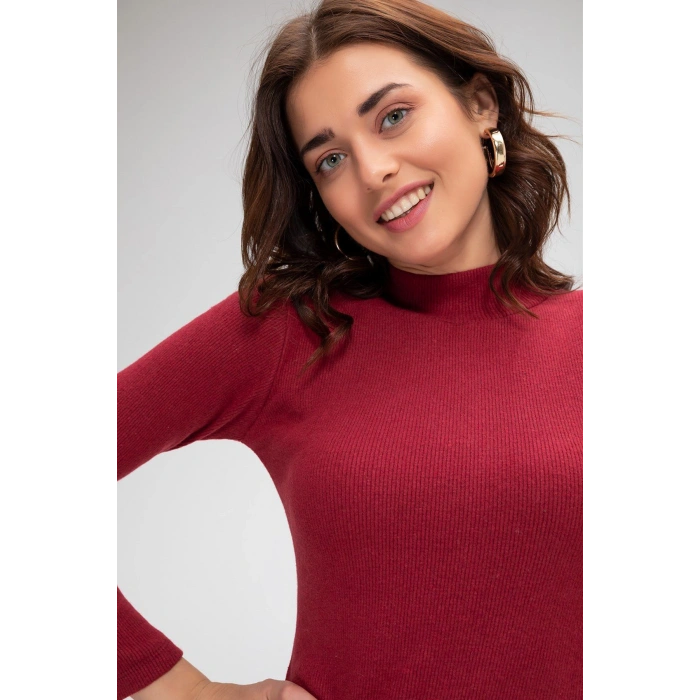 Kadın Bordo Kaşkorse Balıkçı Yaka Uzun Kollu Bodycon Mini Elbise