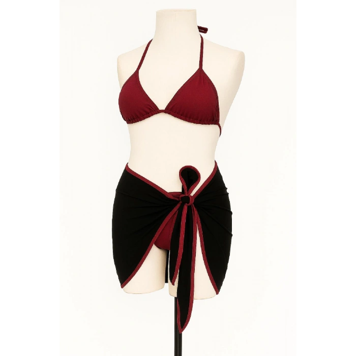 Kadın Bordo Siyah Pareolu Yandan Ve Boyundan Bağlamalı 3lü Bikini Takımı
