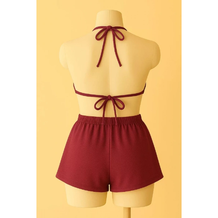 Kadın Bordo Şortlu Belden Ve Boyundan Bağlamalı Bikini Takımı